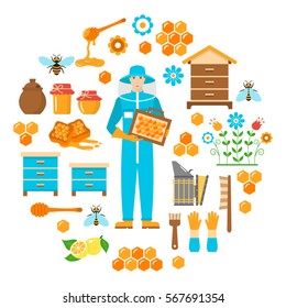 Beekeeping honey vector flat  icons set with apiculture equipment, beekeeper, smoker, beehive, bee,  honeycomb,  jar and dipper stick isolated on white background.  