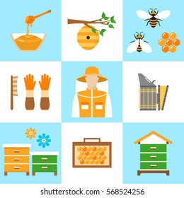 Beekeeping honey vector flat  icons set with apiculture equipment, beekeeper, smoker, beehive, bee,  honeycomb,  jar and dipper stick isolated.