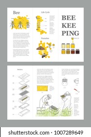 Beekeeping honey vector template with apiculture equipment, beekeeper, smoker, beehive, bee, honeycomb, illustrating the life cycle of a bee, bee parasites, honey gathering. Brochure.