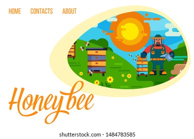 Beekeeping and honey web template with honey hives, sun, beekeeper and bees, vector illustration. Layout landing page template with honey and apiary.