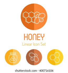 Beekeeping icon set with honey bee, honey cells and jar of honey. Outlined round badges on a white background. Bright and warm color palette with tints of yellow and brown