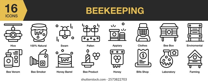 Beekeeping icon set. Includes honey, apiary, honeycomb, beekeeper, beehive, and More. Outline icons vector collection.