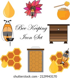 Beekeeping Icon Set , including honey bees , comb, flowers and beehive 