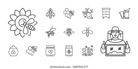 Imkerei, Icon-Set - Bienenkönigin, eine Arbeiterbiene, Bienenstock, Kamm, Sonnenblume, Blumen, Feld. Honigproduktion, Imkerei, Imkerei-Konzept. Lineare Darstellung, bearbeitbare Striche, minimalistisches Symbol