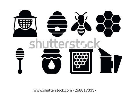 Beekeeping icon set. Vector black symbols of honey, hive, bee, and beekeeper