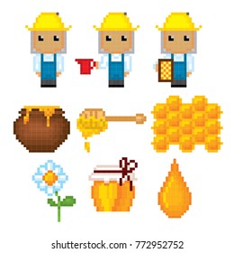 Beekeeping icons. Pixel art. Old school computer graphic style. Games elements.