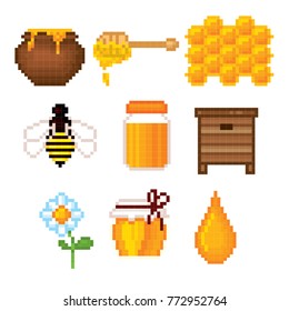 Beekeeping icons. Pixel art. Old school computer graphic style. Games elements.