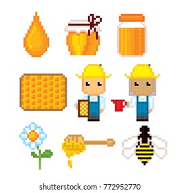 Beekeeping icons. Pixel art. Old school computer graphic style. Games elements.