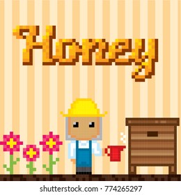 Beekeeping icons. Pixel art. Old school computer graphic style. Games elements.