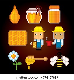 Beekeeping icons. Pixel art. Old school computer graphic style. Games elements.
