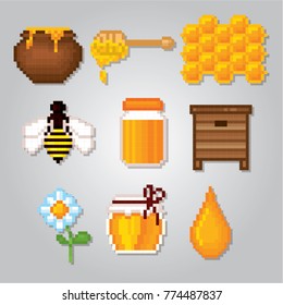Beekeeping icons. Pixel art. Old school computer graphic style. Games elements.