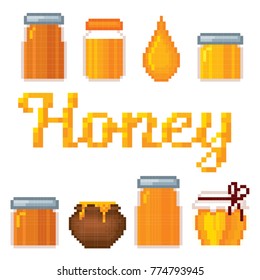 Beekeeping icons. Pixel art. Old school computer graphic style. Games elements.