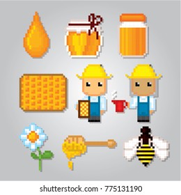 Beekeeping icons. Pixel art. Old school computer graphic style. Games elements.