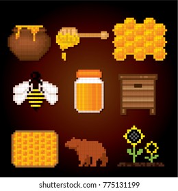 Beekeeping icons. Pixel art. Old school computer graphic style. Games elements.