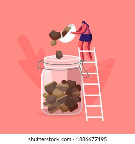 Beekeeping Industry Concept. Tiny Female Characters Stand on Ladder Pouring Pollen Propolis in Huge Glass Jar. Honey and Bee Production for Health, Organic Remedy Concept. Cartoon Vector Illustration
