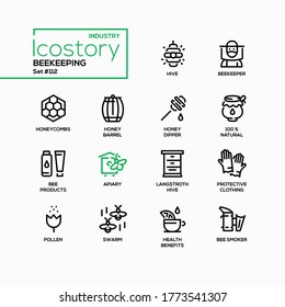 Beekeeping industry - modern line design style icons. Honey production and bee products idea. Beekeeper, honeycombs, barrel, dipper, apiary, longstroth hive, pollen, swarm, health benefits, bee smoker
