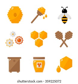 Beekeeping isolated icons on white background. Apiary icons set. Honey bee, honey jar, honey spoon. Flat style vector illustration. 