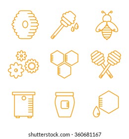 Beekeeping isolated icons on white background. Apiary icons set. Apiculture. Honey bee, jar, spoon. Flat line style vector illustration. 