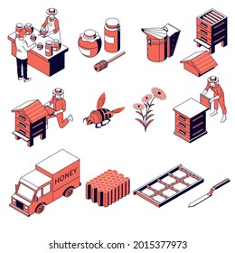 Beekeeping isometric collection with icons of honeycomb hives with characters of beekeeper and honey in cans vector illustration