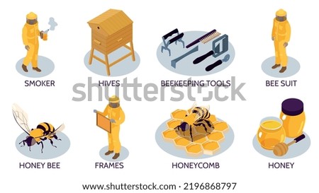 Beekeeping isometric isolated compositions set with honey bee hives beekeepers in protective suits using various tools 3d vector illustration