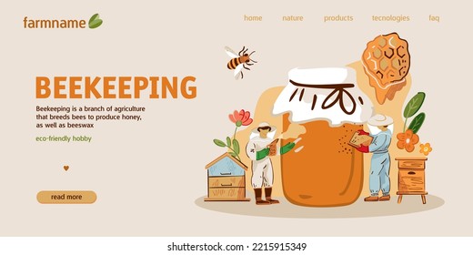 Beekeeping landing page concept. Two beekeepers in protective suits near a big jar of honey, beehives, honeycombs, flowers. Beekeeping and people. Harvesting honey by farmers. Vector illustration