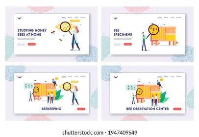 Beekeeping Landing Page Template Set. Tiny Male and Female Scientists Characters Learning Bees at Huge Beehive with Three Types of Insects Queen, Drone and Worker. Cartoon People Vector Illustration