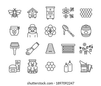 Beekeeping line icon set. Collection sign with bee, hive, honey, beekeeper,equipment, apiary. Editable strokes.