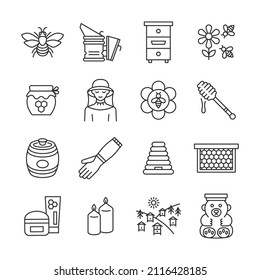 Beekeeping line icon set. Collection cymbol with honey, bee, hive, beekeeper,equipment, apiary. Editable stroke.