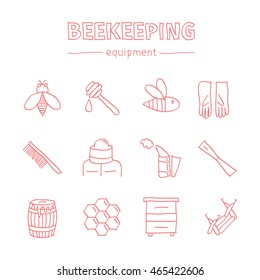 Beekeeping line icon set. Hand drawn doodle honey web icons. Vector illustration.