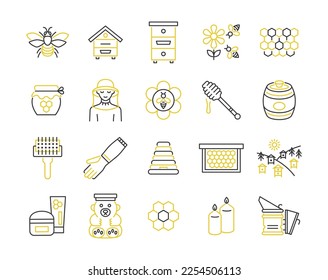 Beekeeping line icon set. Vector collection sign with bee, hive, honey, beekeeper,equipment, apiary, barrel. 
