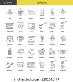 Beekeeping line icons set with illustration of beekeeper products and tools such as bee and beehive, honeycomb and wax moth for web store and packaging.