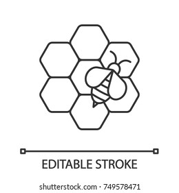 Beekeeping linear icon. Honey bee on honeycomb. Thin line illustration. Apiary. Contour symbol. Vector isolated outline drawing. Editable stroke