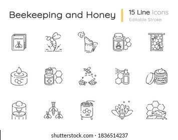 Beekeeping linear icons set. Honey making business. Apiculture, apiology customizable thin line contour symbols. Different bee products. Isolated vector outline illustrations. Editable stroke