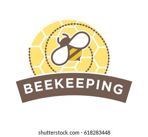 Beekeeping logo design with abstract bee on honeycomb isolated