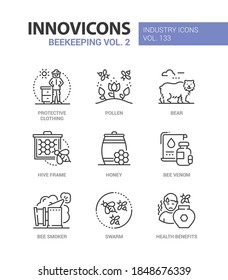Beekeeping - modern colorful line design style icons. Honey production and organic products, apiculture idea. Protective clothing, pollen, bear, hive frame, venom, bee smoker, swarm, health benefits