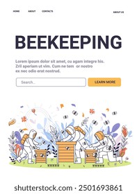 Beekeeping organic farming sustainable eco-friendly practices People in bee suits tending hives with bees and plants in the background colorful minimalistic style