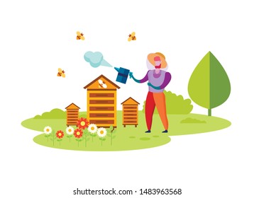 Beekeeping Process. Man Character in Protective Uniform and Mask Caring of Bees, Smoke around to Take Honey from Honeycombs Isolated on White Background, Beekeeper Cartoon Flat Vector Illustration