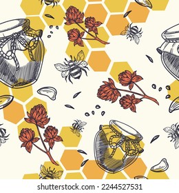 Beekeeping and producing honey, bee and jar with tasty sweet dessert. Flowers and blossom for pollination, monochrome sketch. Background or print, seamless pattern or print. Vector in flat style