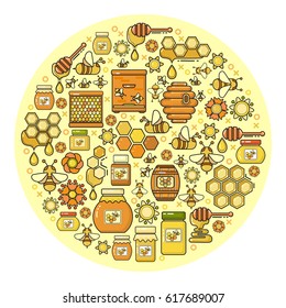 Beekeeping product  icon. Set of cute various honey icons isolated on light background. Flat design vector illustration.  Circle background.