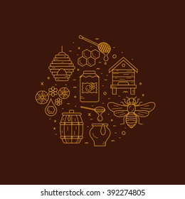 Beekeeping product icon set. Beekeeping vector symbols. Bee, honey, bee house, honeycomb, apiary, beehive, flower. Outline style beekeeping product icons. Beekeeping product illustration
