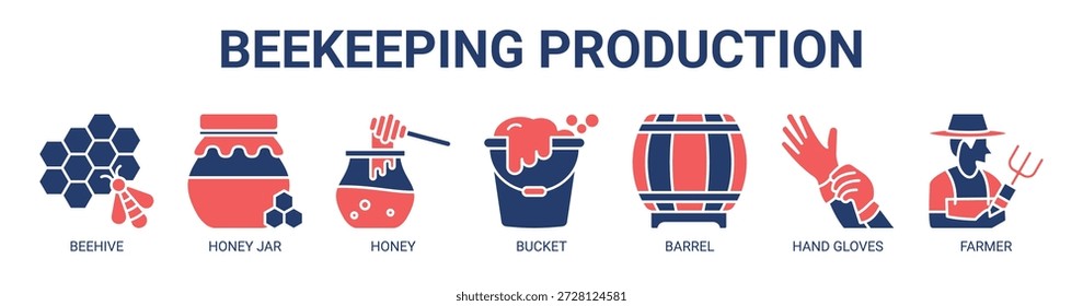Beekeeping Production web banner icon vector illustration concept with icon of beehive, honey jar, honey, bucket, barrel, hand gloves, and farmer.