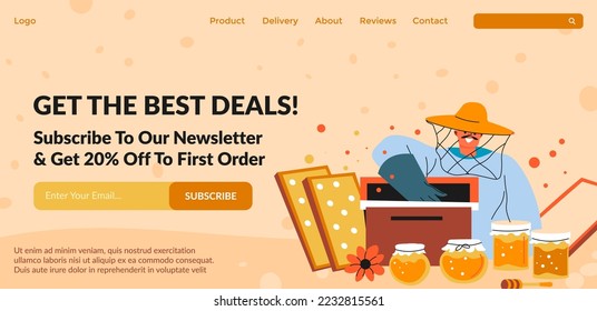 Beekeeping products and equipment, get best deals by subscribing to newsletter. Discounts ad special offer to new clients. Website landing page, internet site. Vector in flat style illustration