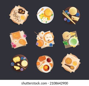 Beekeeping products flat set with nine isolated compositions of served trays with propolis honeycomb flowers essences vector illustration