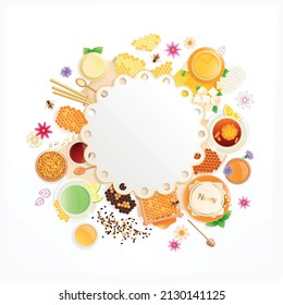 Beekeeping products frame composition with top view of flat honey comb sweets flowers with empty circle vector illustration