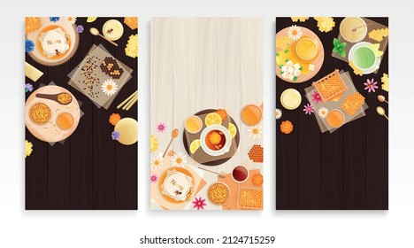 Beekeeping products set with three vertical cards wooden backgrounds and top view of dishes with honey vector illustration