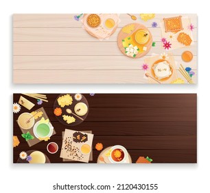 Beekeeping products set of two horizontal banners with grain honeycomb and flowers with honey in plates vector illustration
