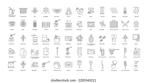 Productos y herramientas de apicultura, un conjunto de íconos de línea en vectores, cera de abejas y abejas, polen, catcher y cuchillos, voshchyna, cera de abejas, productos de abejas y cosméticos de miel, recipiente para miel.