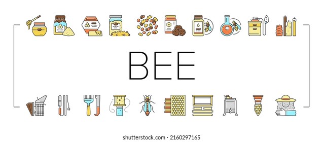 Beekeeping Profession Occupation Icons Set Vector. Bee Honey Bottle And Pollen Container, Royal Jelly And Beeswax Candles, Hand Tools And Smoker Beekeeping Business Line. Color Illustrations
