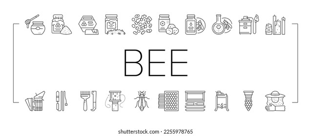 Vector Set de Iconos de Ocupación de la apicultura. Botella De Miel De Abeja Y Contenedor De Polen, Velas De Cera Real, Herramientas Mano Y Limpieza De Abejas De Abejas De Negocios Ilustraciones De Contorno Negro