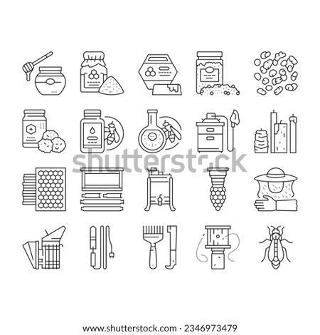 Beekeeping Profession Occupation Icons Set Vector. Bee Honey Bottle And Pollen Container, Royal Jelly And Beeswax Candles, Hand Tools And Smoker Beekeeping Business Black Contour Illustrations